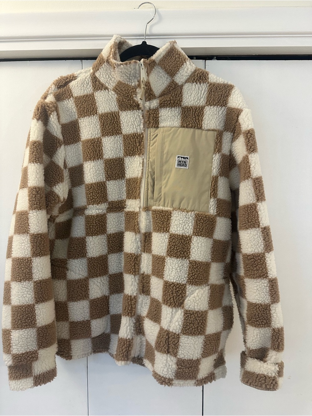 Unisex Checkered Sherpa Zip-Up Jacket in Cream & Brown